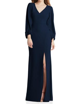 Dessy Collection Women's Long Puff Sleeve V-Neck Trumpet Gown in Midnight