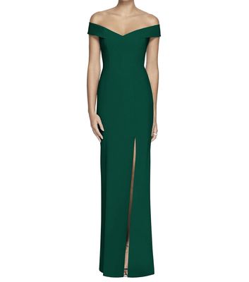 Dessy Collection Women's Off-the-Shoulder Criss Cross Back Trumpet Gown in Hunter