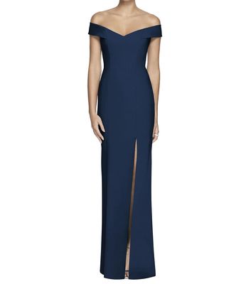Dessy Collection Women's Off-the-Shoulder Criss Cross Back Trumpet Gown in Midnight