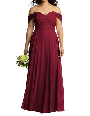 Dessy Collection Women's Off-the-Shoulder Draped Chiffon Maxi Dress in Burgundy