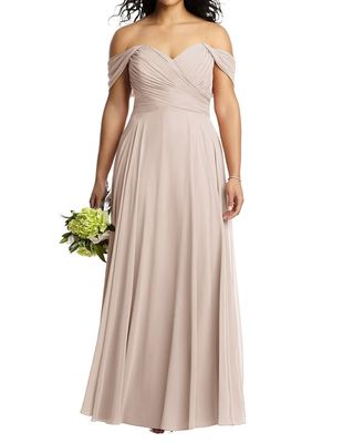 Dessy Collection Women's Off-the-Shoulder Draped Chiffon Maxi Dress in Cameo