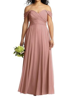 Dessy Collection Women's Off-the-Shoulder Draped Chiffon Maxi Dress in Desert Rose