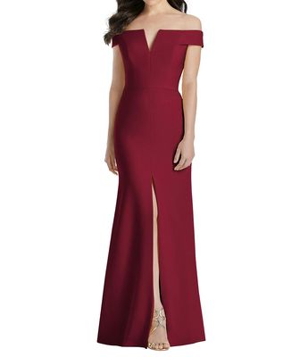 Dessy Collection Women's Off-the-Shoulder Notch Trumpet Gown with Front Slit in Burgundy