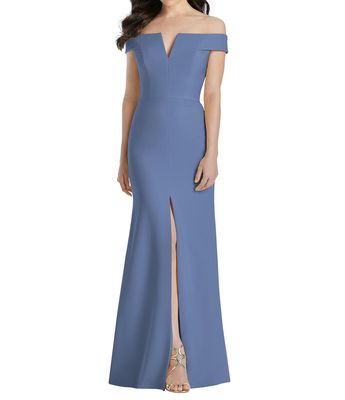 Dessy Collection Women's Off-the-Shoulder Notch Trumpet Gown with Front Slit in Larkspur