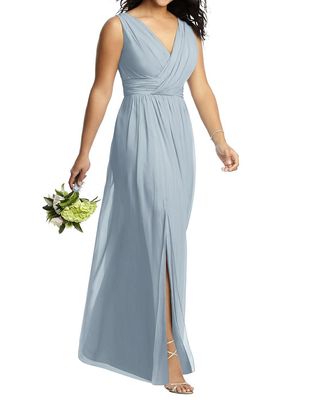 Dessy Collection Women's Sleeveless Draped Chiffon Maxi Dress with Front Slit in Mist