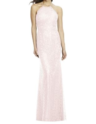 Dessy Collection Women's Sleeveless Open Back Lace Gown in Blush