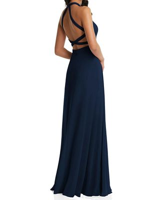 Dessy Collection Women's Stand Collar Halter Maxi Dress With Criss Cross Open-Back in Midnight
