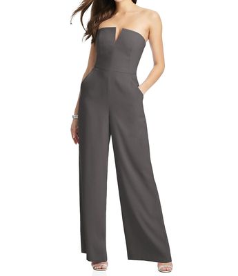 Dessy Collection Women's Strapless Notch Crepe Jumpsuit with Pockets Dress in Caviar