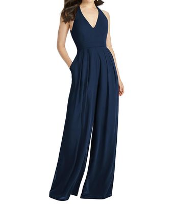 Dessy Collection Women's V-Neck Backless Pleated Front Jumpsuit - Arielle Dress in Midnight
