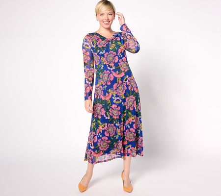 Destination 365 Regular Printed Mesh Midi Dress with Twisted Ne