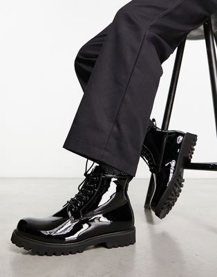 Devils Advocate chunky patent leather lace up boots in black