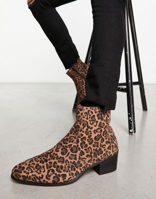 Devils Advocate heeled cuban boots in leopard-Black