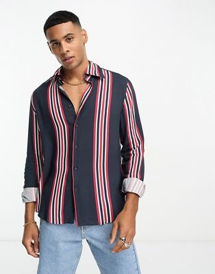 Devils Advocate large collar long sleeve shirt in red and navy stripe