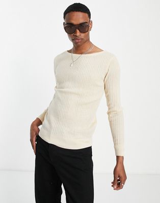 Devil's Advocate ribbed boat neck muscle fit sweater-White