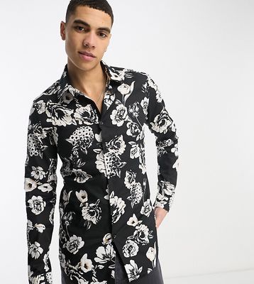 Devils Advocate Tall slim fit long sleeve floral shirt in black and white