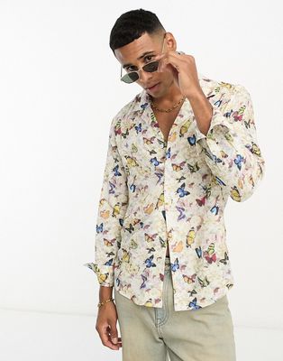 Devils Advocate viscose revere collar long sleeve butterfly print shirt in white