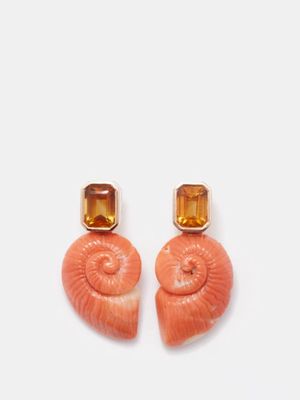 Dezso - Nautilus, Citrine & 18kt Rose Gold Earrings - Womens - Orange Multi