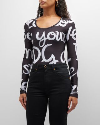 DG Love Yourself Script-Print Long-Sleeve Bodysuit - Shop and save