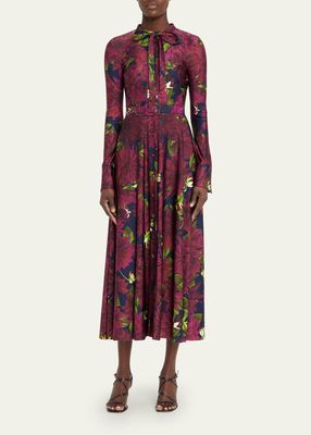 Dhalia Floral-Print Belted Tie-Neck Midi Dress