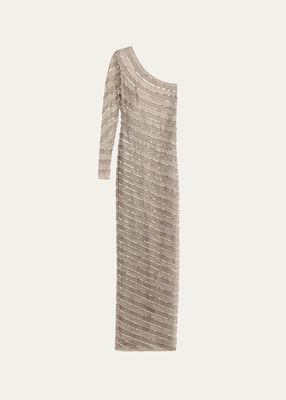 Diagonal Crystal One-Shoulder Column Gown