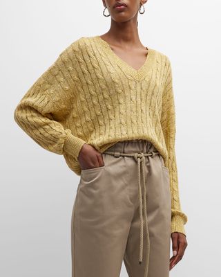 Diamante Linen-Blend Cable Knit Sweater