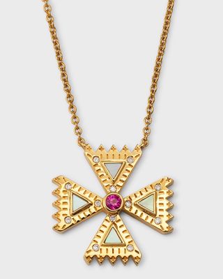 Diamond & Pink Sapphire Small Crux Cross Pendant Necklace