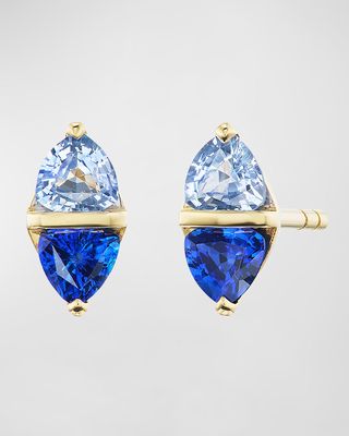 Diamond Stud Earrings in 18K Yellow Gold and Blue Sapphires