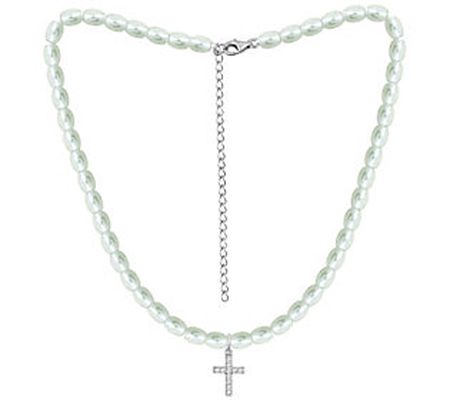 Diamonique Cross Pearl Choker Necklace, Sterlin g Silver