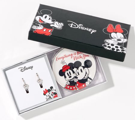 Diamonique x Disney Mickey or Minnie Hoops w/Dish & Box, SS