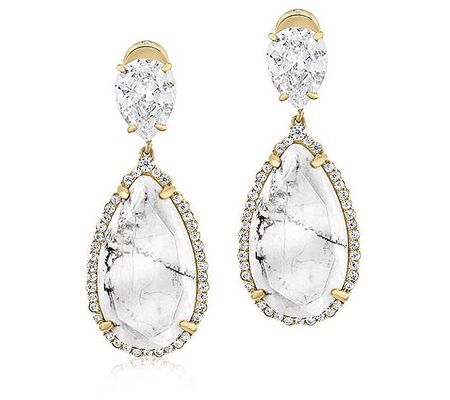 Diamonique x Zaxie Howllite & Pave Dangle Earri ngs, 12K Plated