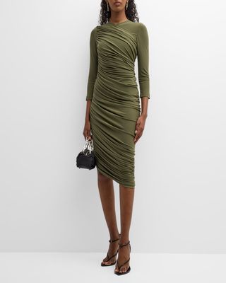 Diana Long-Sleeve Shirred Knee-Length Asymmetric Dress