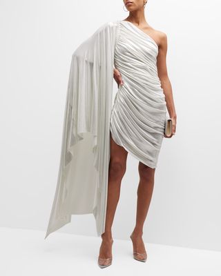 Diana Shirred Lamé Cape-Sleeve Mini Dress