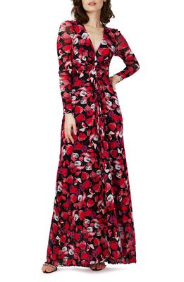 Diane von Furstenberg Adara Floral Long Sleeve Maxi Dress in Passion Petals Berry Red