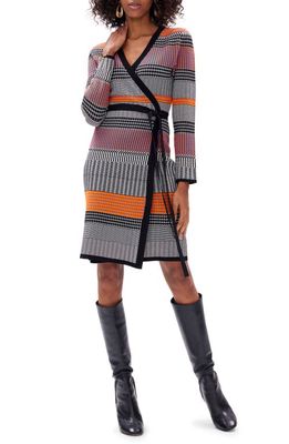 Diane von Furstenberg Brigid Mixed Geo Print Long Sleeve Wrap Dress in Multicolor Knit Strip Bk/Og
