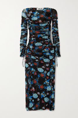 Diane von Furstenberg - Corinne Ruched Floral-print Mesh Midi Dress - Black