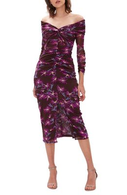 Diane von Furstenberg Floral Off the Shoulder Long Sleeve Mesh Dress in Paris Floral Med Red Purple