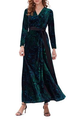 Diane von Furstenberg Jareth Tiger Print Long Sleeve Velvet Wrap Maxi Dress in Moire Tiger