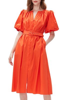 Diane von Furstenberg Laena Belted Puff Sleeve Cotton Blend Dress in Burnout Orange