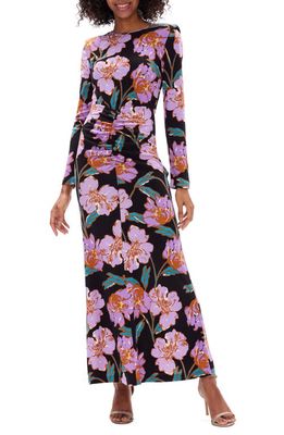 Diane von Furstenberg Madge Floral Padded Shoulder Long Sleeve Maxi Dress in Otl Floral Lg Pink