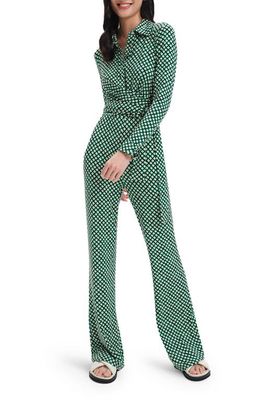 Diane von Furstenberg Michele Print Long Sleeve Jumpsuit in Pint Cube Sm Ind Grn