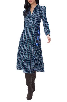 Diane von Furstenberg Shannon Reversible Long Sleeve Knit Wrap Dress in Blue/Black Geo