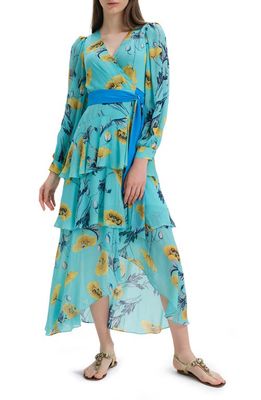 Diane von Furstenberg Silvia Floral Long Sleeve Wrap Midi Dress in Poppy Godes Turquoise