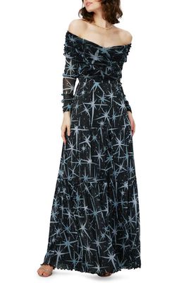 Diane von Furstenberg Stassi Print Off the Shoulder Long Sleeve Maxi Dress in Magic Stars Blue
