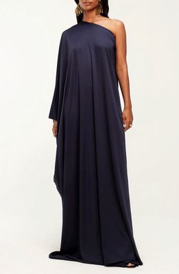 DIARRABLU Navy Solid Satu One-Shoulder Long Sleeve Satin Maxi Dress in Blue 