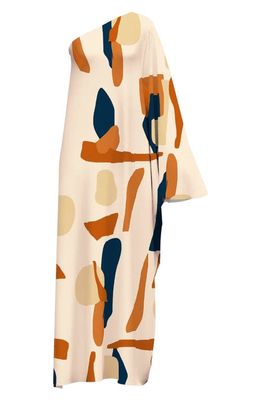 DIARRABLU Satu Printed One-Shoulder Long Sleeve Maxi Dress in Cream