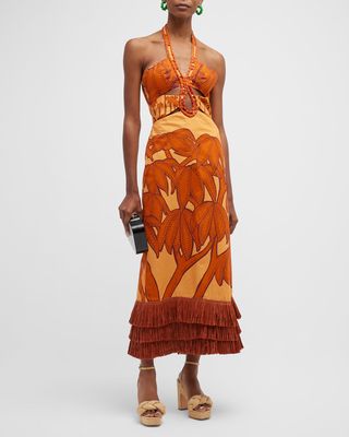Diaspora Africana Palm-Print Tiered-Hem Halter Maxi Dress