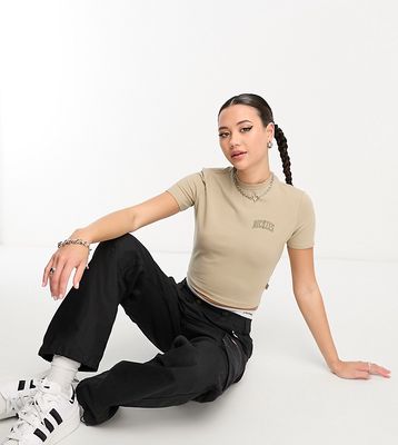 Dickies aitkin left chest varsity logo crop baby t-shirt in beige exclusive to ASOS-Neutral