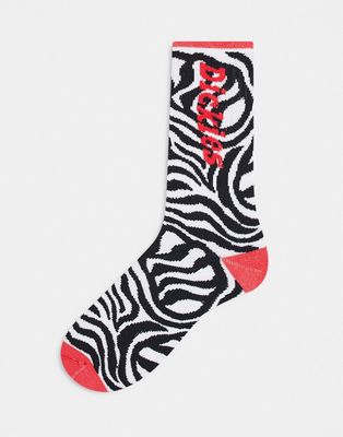 Dickies clackamas zebra print socks in black and red