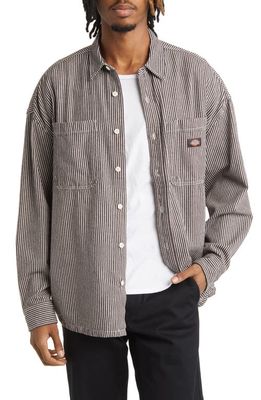 Dickies Hickory Relaxed Fit Stripe Button-Down Work Shirt in Ecru/Brown