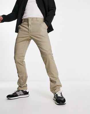 Dickies slim skinny double knee work chino pants in khaki-Green